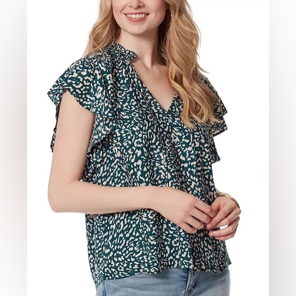 Green leopard print top / flutter sleeves - Picture 1 of 7